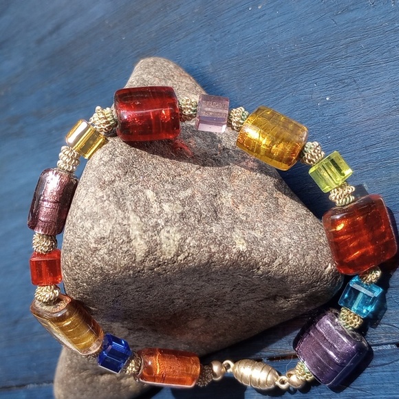 Colorful Silver foil glass art beads with square crystals, silver beads - Picture 2 of 8